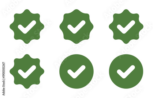 Set of green checkmark and cross badges for verification and confirmation icons on white background