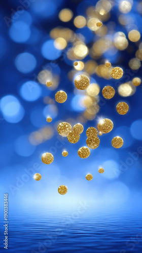 Blue background gold bokeh glitter light abstract sparkle festive backdrop luxury glow falling glitter blue water celebration vertical