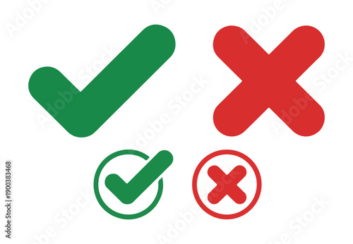 Large green check mark and red cross symbols with circle variants for ui ux application interface design