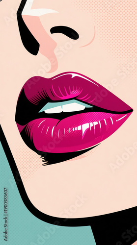 Graphic illustration of vibrant pink lips, comic book style, halftone dots, stylized beauty, retro pop art, fashion illustration.
