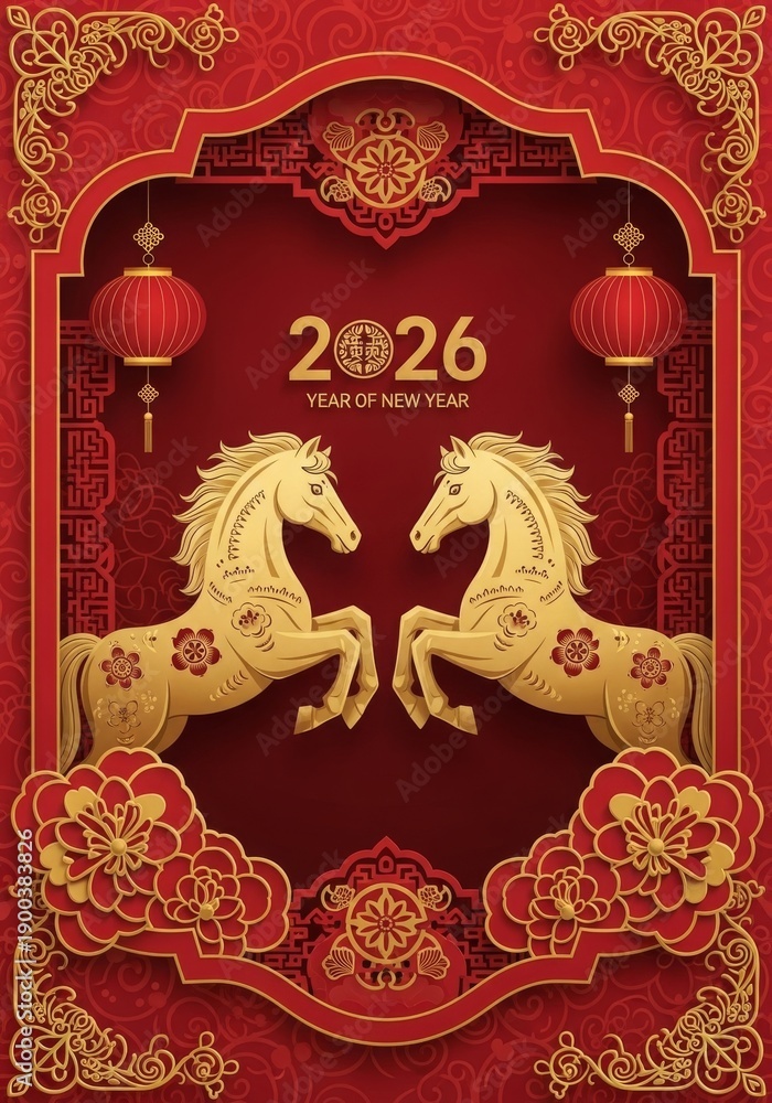 Fototapeta premium Elegant Chinese New Year 2026 illustration with golden horse elements, classic Chinese frame, lanterns, and floral ornaments. Red and gold color palette symbolizing luck, wealth, and happiness for the