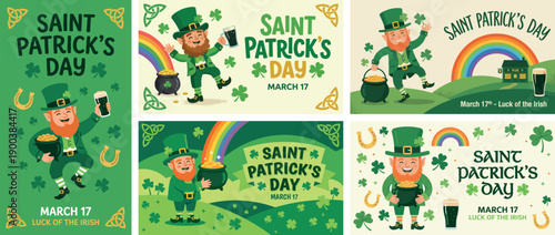 Vector set of Saint Patrick's Day leprechauns holding beer and gold. Festive Irish holiday composition featuring rainbows and shamrocks. Banner and poster design for March 17