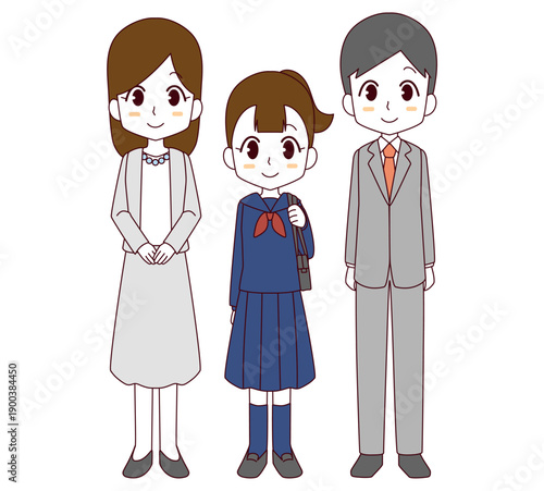 入学式の女子と両親のイラスト