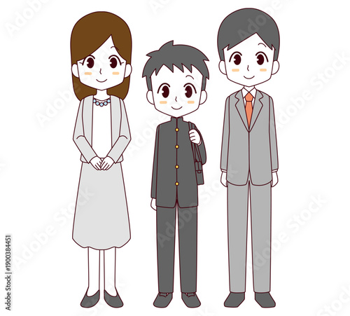入学式の男子と両親のイラスト