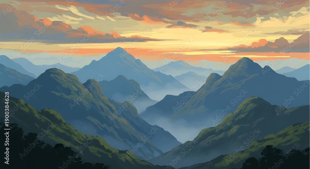 Fototapeta premium Mountain range landscape with sunset sky and foggy valleys