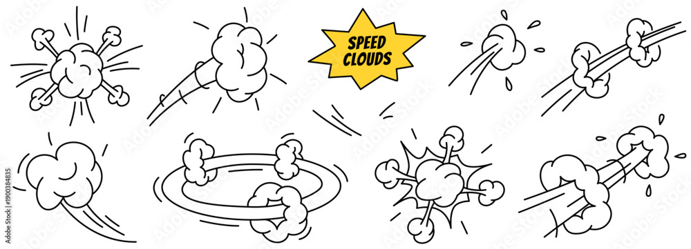 Obraz premium Doodle superhero comic effects. Clouds with speed lines showing motion, jumps, explosion. Hand drawn icon set in cartoon style. Vector illustration isolated on a white background.