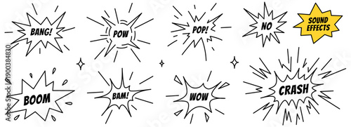 Doodle superhero symbols. Comic sound effects SFX including onomatopoeia text elements for action scenes. Hand drawn icon set. Vector illustration isolated on a white background