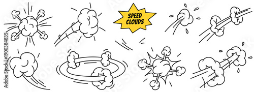 Doodle superhero comic effects. Clouds with speed lines showing motion, jumps, explosion. Hand drawn icon set in cartoon style. Vector illustration isolated on a white background.