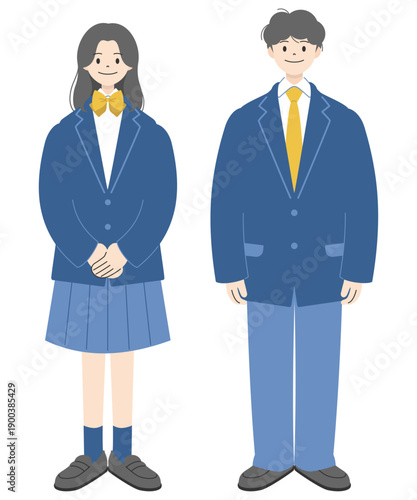制服を着て立つ男女の高校生の全身イラスト｜セット1
