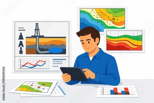 Geologist analyzing oil drilling data and mapping exploration sites on tablet