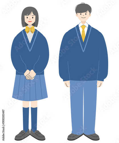 制服を着て立つ男女の高校生の全身イラスト｜セット2