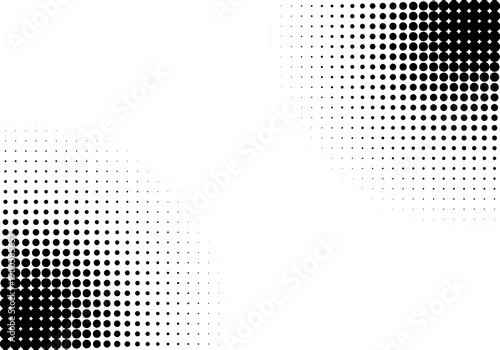 Abstract black halftone dot background with gradient fade, featuring modern dotted corner patterns.