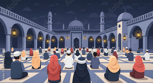 A serene evening scene depicts a diverse community of worshippers engaged in traditional Islamic prayer within a grand mosque courtyard, under a starlit sky, fostering a sense of peace and unity