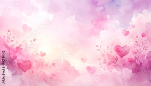 A serene watercolor illustration of hearts and flowers in soft pink hues floating gently in a dreamy atmosphere viewed from above