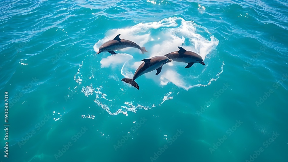 Naklejka premium unanimity. Three dolphins leaping together in clear blue ocean water under sunlight. wildlife magazines, conservation campaigns, designed for eco-tourism storytelling, supports conservation.