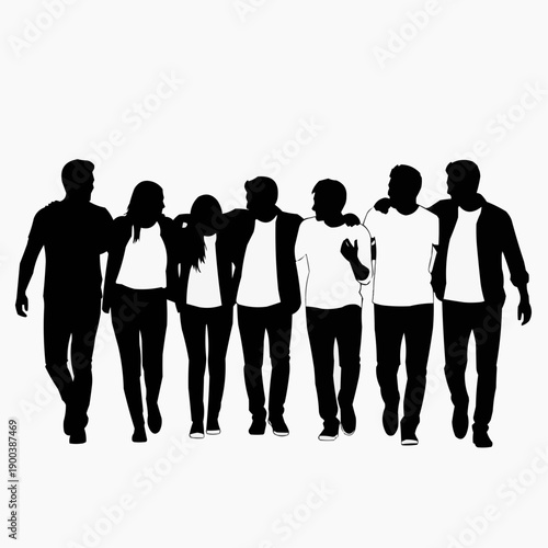 silhouette of a group of seven young people standing together. They are closely aligned, with some individuals having their arms around each other's shoulders, suggesting friendship, unity, or a team 