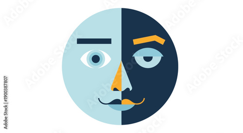 Abstract illustration of a face split into two contrasting halves, depicting duality and different emotional states with light and dark blue.
