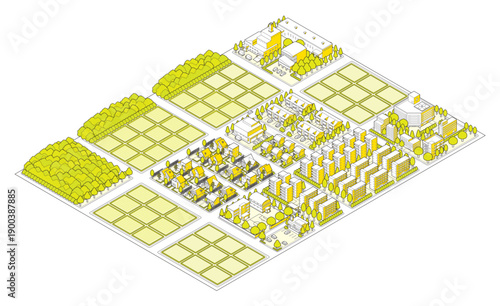 郊外の街並みのイラスト. アイソメ図で描いた都市.