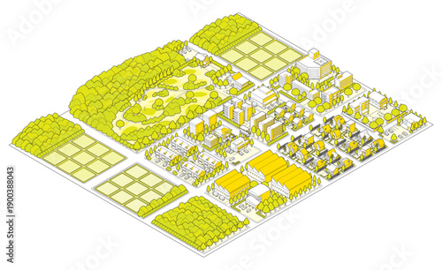 郊外の街並みのイラスト. アイソメ図で描いた都市.