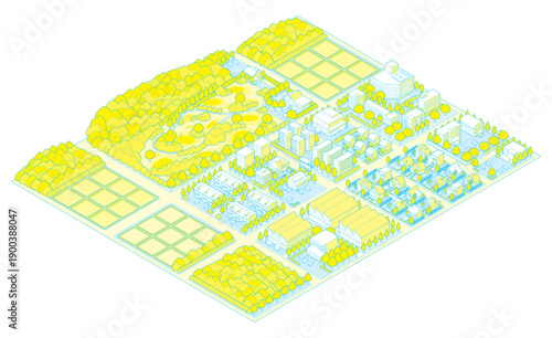 郊外の街並みのイラスト. アイソメ図で描いた都市.