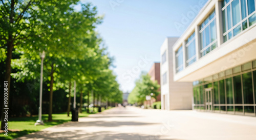 A scenic, blurred background of a sunlit university campus path next to a modern architectural building with lush green trees