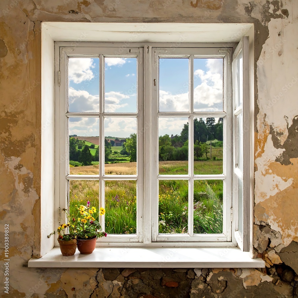 Obraz premium Weathered window frames a scenic view of fields, trees, and sky. A potted flower sits on sill