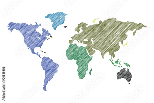 Colorful world map illustration featuring hand drawn, scribble filled continents, each distinctly color coded for visual appeal, white background.