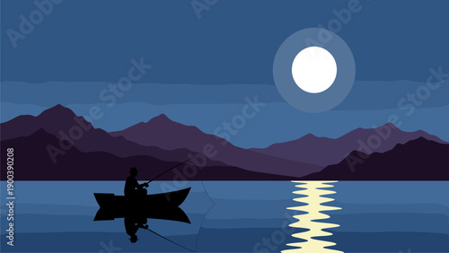 Moonlit Night Fishing on a Calm Lake with Silhouetted Mountains
