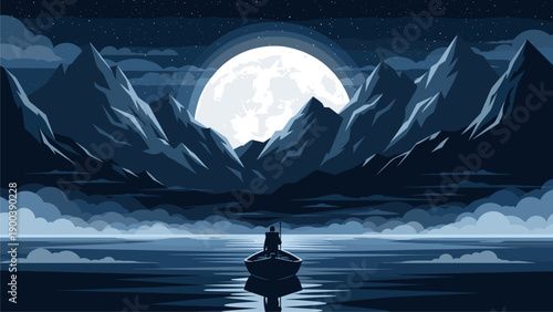 Majestic Full Moon Night Over Mountains & Serene Lake with Lone Boat. Stylized Digital Landscape Art.