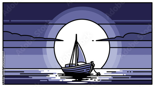 Sailboat Under Full Moon at Night. Serene Vector Illustration of Boat on Calm Water with Clouds & Reflections.