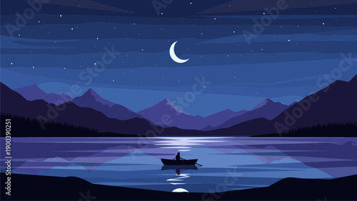 Moonlit Lake Serenity: Lone Boat on Calm Water with Mountain Backdrop & Starry Night Sky Vector Art