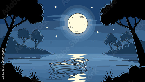Serene Night Lake Scene with Rowboat Under Full Moon and Stars