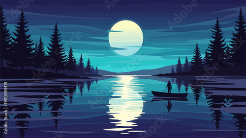 Tranquil Moonlit Lake with Lone Boat and Forest Silhouettes at Night