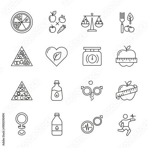 Healthy eating and nutrition icons for wellness and lifestyle
