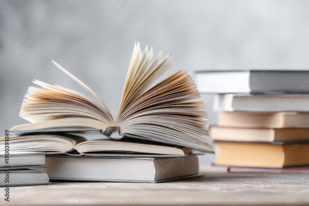 Fototapeta premium Stack of Books with Open Book on Top for Education, Literature, and Learning Concepts