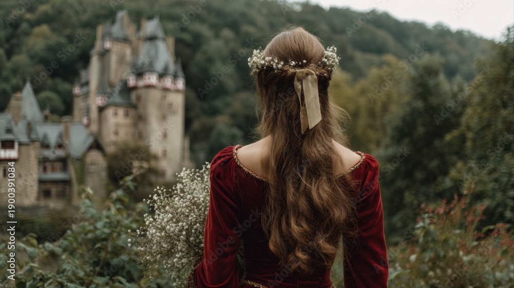Fototapeta premium Woman in Medieval Dress Gazing at a Fairytale Castle Amidst Lush Greenery and Vintage Charm