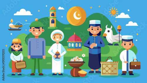 Muslim Family Traveling for Eid Holiday with Luggage and Scenic Background