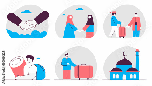 Minimalist Flat Vector Set of Ramadan and Eid Mubarak Traditions Icons