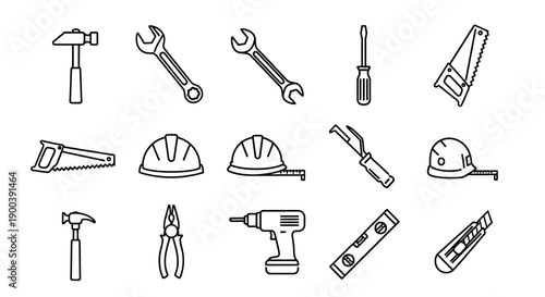 Construction Tools and Handyman Equipment Line Icons Set. Vector Outline Collection of Hammer, Wrench, Drill, Saw, Hard Hat, and Tape Measure Symbols.