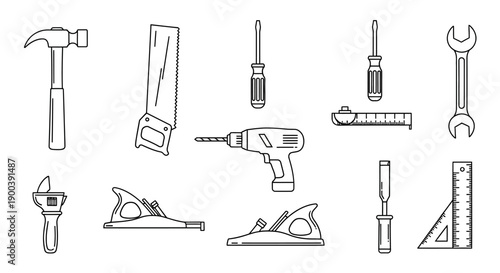 Work Tools Line Art Icons: Hammer, Drill, Saw, Wrench, Measuring Tape, and Screwdriver Vector Set. Construction, Repair, and DIY Symbols.