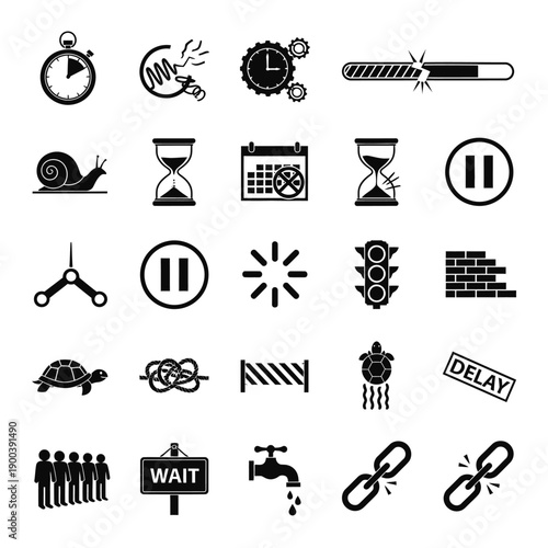 Pause button icons and delay symbols.