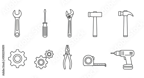 Construction and Repair Tools Line Icon Set. Outline vector illustration of Wrench, Screwdriver, Hammer, Drill, Pliers, and Gear elements for DIY and engineering projects.