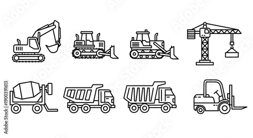 Construction Heavy Equipment Line Icons Set: Excavator, Crane, Bulldozer, Dump Truck, Mixer, and Forklift. Engineering Industry Outline Vector.
