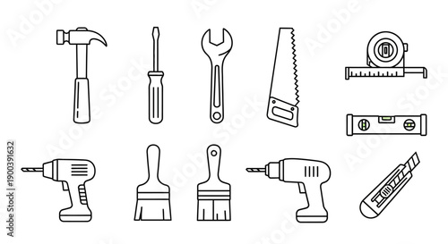 DIY and Handyman Tools Line Icon Set. Outline Graphics of Construction, Home Repair, and Maintenance Instruments including Hammer, Drill, Saw, Wrench, and Screwdriver.