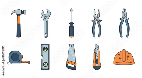 Essential Construction Hand Tools Vector Set. Flat Icons for Home Repair, DIY, and Manual Labor featuring Hammer, Wrench, Level, and Safety Hard Hat.