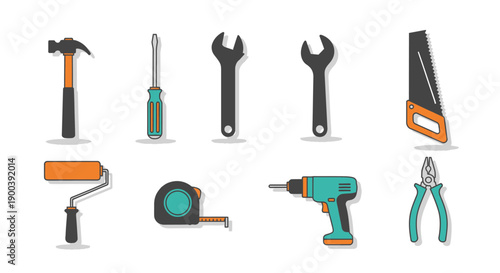 Home Improvement and DIY Tools Icon Set. Flat Vector Illustration of Repair Equipment: Hammer, Drill, Saw, Wrench, Screwdriver, and Tape Measure.