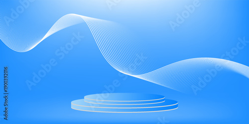 Blue podium with elegant blue wave lines on the back for product presentation. Display of cosmetic products. Stage or podium. vector illustration