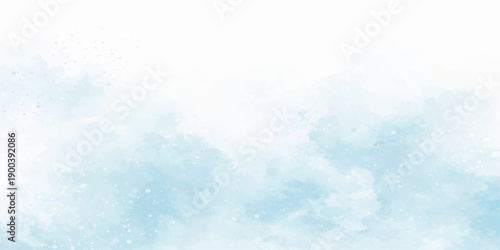 An abstract blue watercolor background depicts a beautiful bright sky with white clouds and sunlight for a serene summer atmosphere