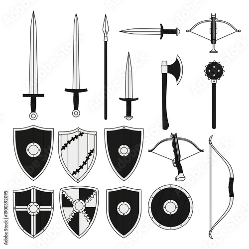 Essential collection of medieval weaponry featuring swords shields axes crossbows and epic fantasy battle gear icons