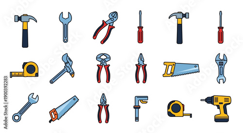 Professional Hand Tools Collection Icon Set. Vector illustration of construction, carpentry, and mechanic equipment including wrench, hammer, drill, and saw.